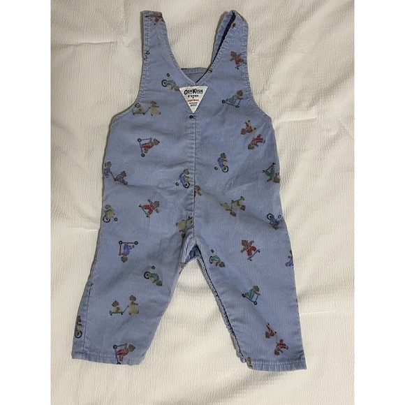 Oshkosh B’gosh Vintage Overalls Vestbak 3-6 Mo Light Blue Corduroy With Bears - Picture 2 of 6